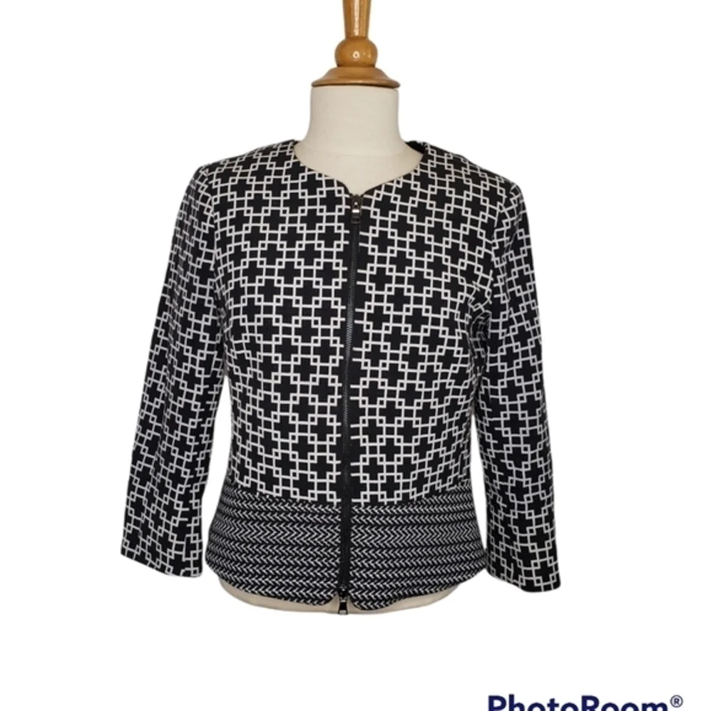 Saks Fifth Avenue Black Label Black White Geometric 2 Way Zip Jacket 4
